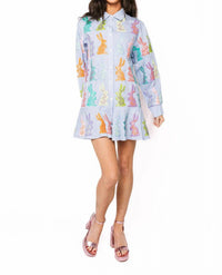 QUEEN OF SPARKLES Striped Multi Easter Bunny Button Up Cotton Dress in blue white - women's dress - view 4