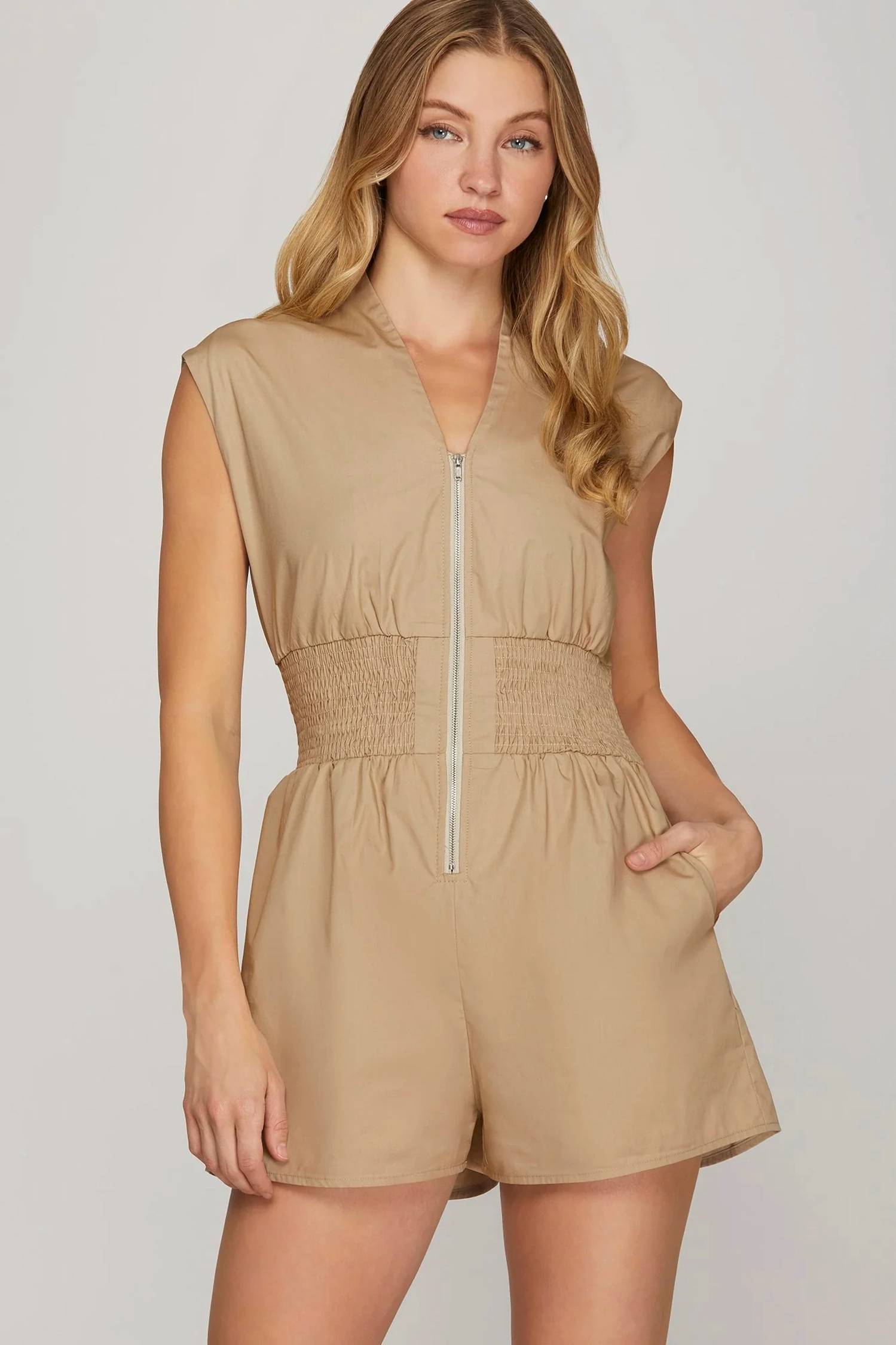 She + Sky - Cap Sleeve Front Zip Romper
