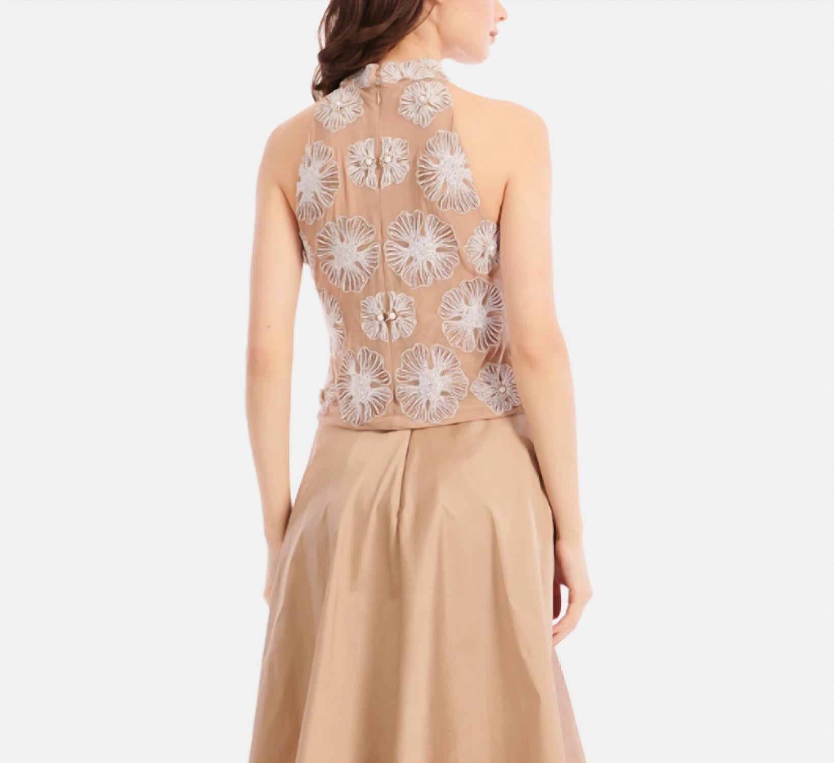 Emily Shalant - Pearl Beaded Flower Mock Neck Top