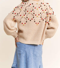 J.Nna - Eyelet Cable Knit Pompom Knit Sweater Top