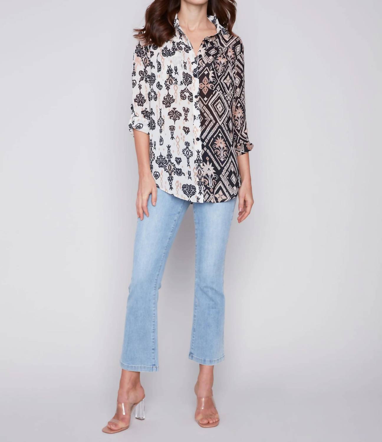 CHARLIE B Damask Long Sleeve Shirt in black cream - women's shirt - view 4