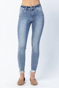Judy Blue - Women's Pipper Mid-rise Distressed Hem Skinny Jeans