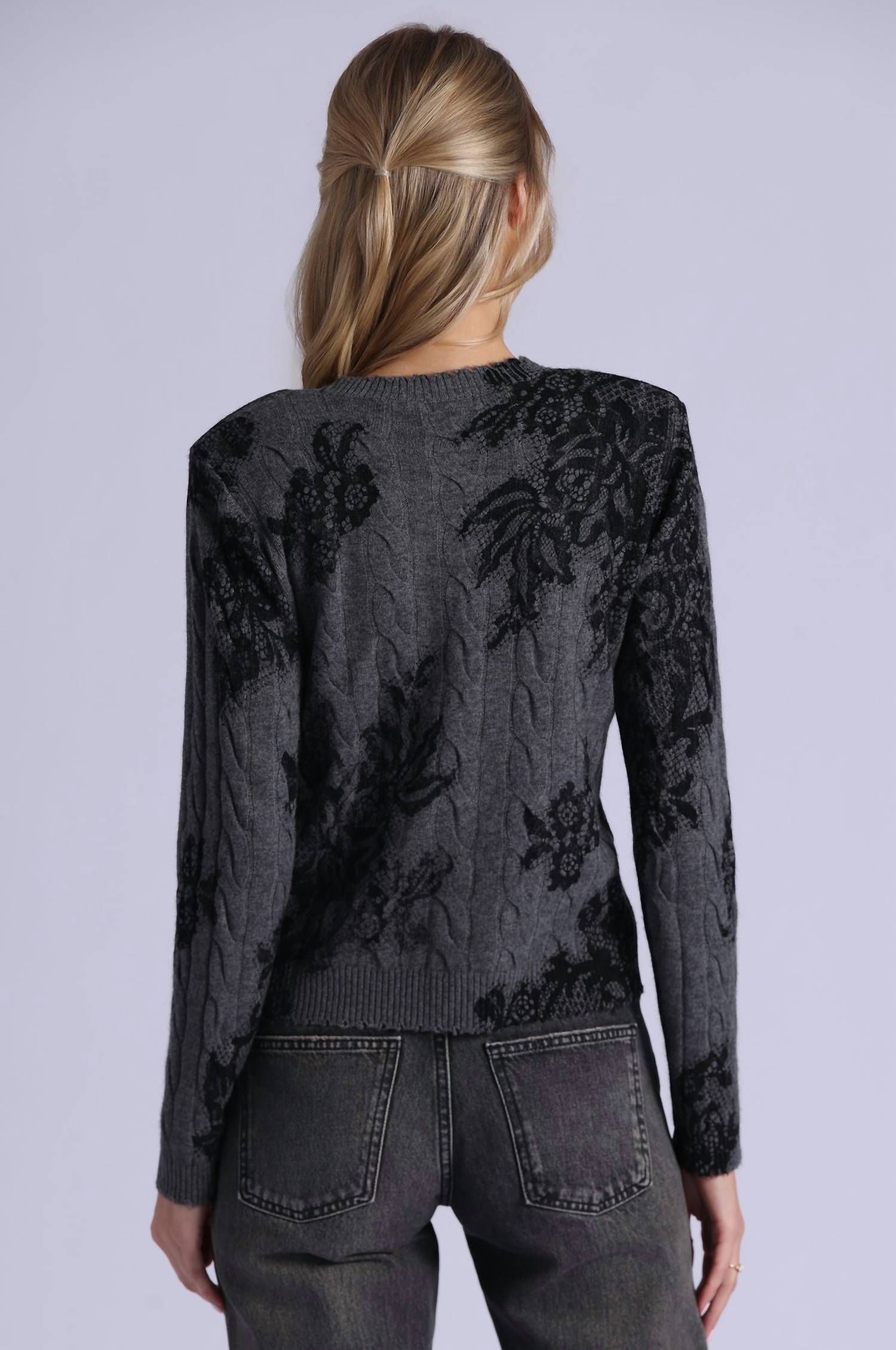 Minnie Rose Cashmere Printed Lace Cable Crew Neck Sweater in charcoal heather grey - women's sweater - view 4