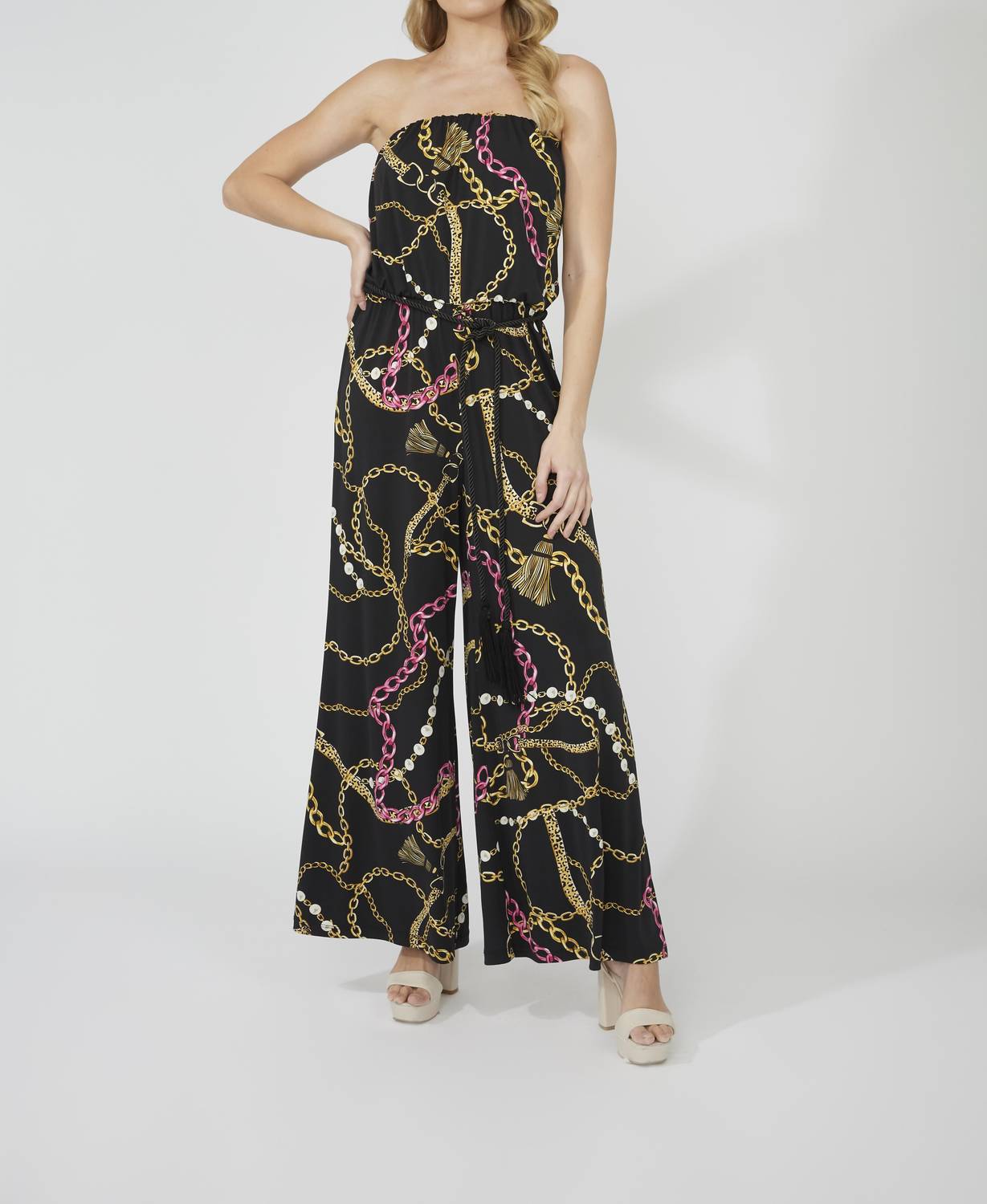 Frank Lyman Strapless Chain Print Jumpsuit in black pink - women's pants