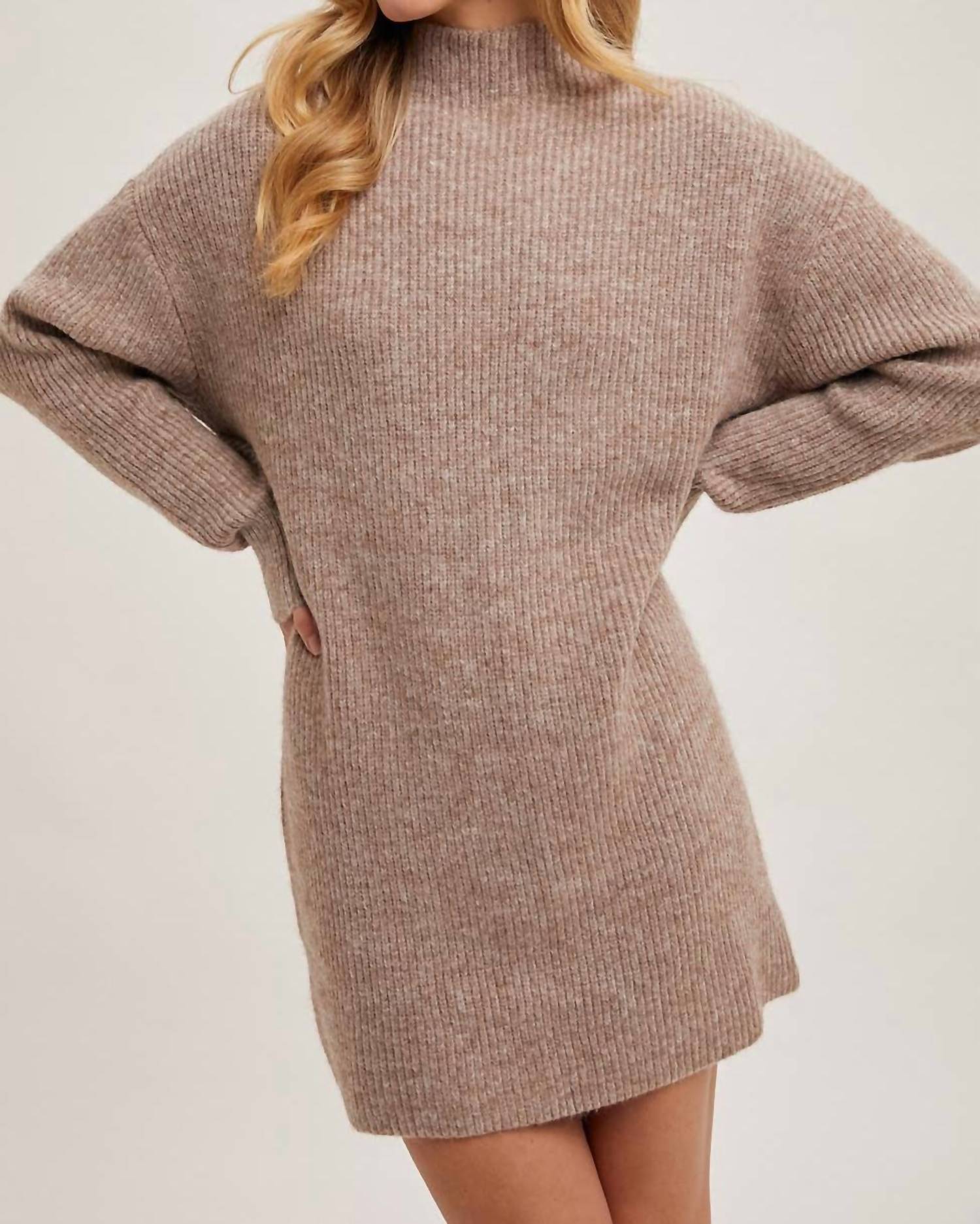 BluIvy Mock Neck Knit Sweater Mini Dress in latte - women's dress