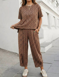 Aapparella - Leopard Top Drawstring Waist Barrel Pants Set
