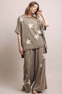 Blue Velvet - Star Patch Work Short Sleeve Top And Wide Leg Pant Set