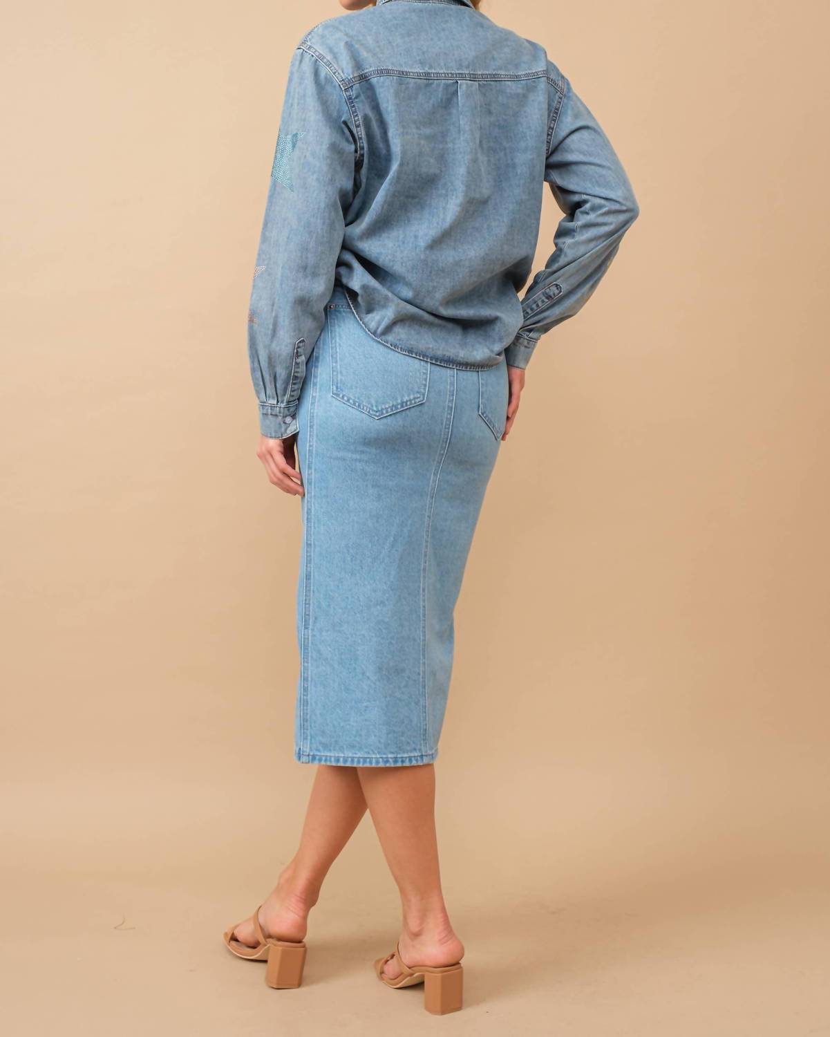 Blue B Mid Rise Fitted Button Up Midi Denim Pencil Skirt in light wash - women's skirt - view 6