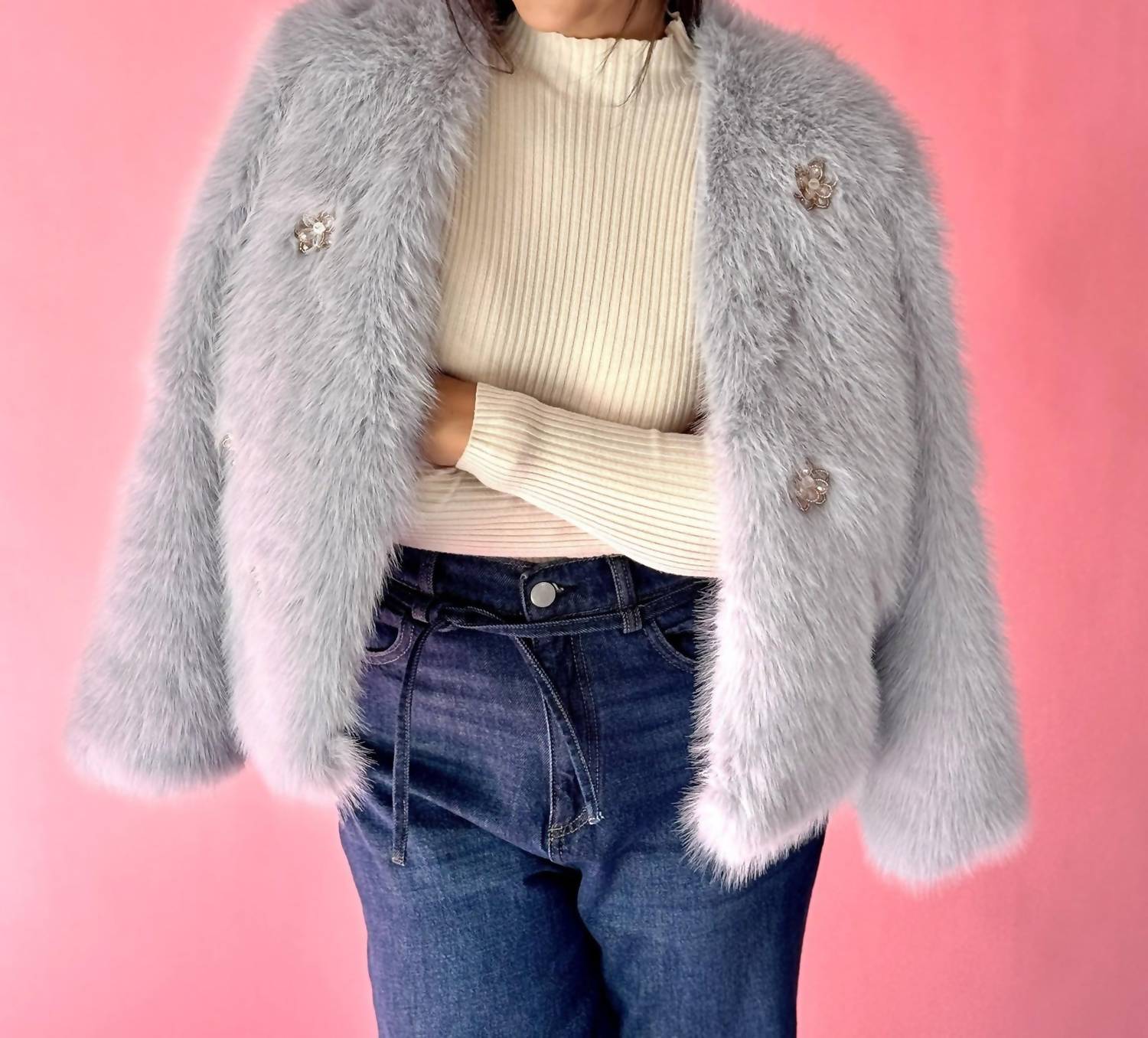 DOLCE CABO Embellished Rhinestone Flower Faux Fur Jacket in grey - women's jacket - detail view