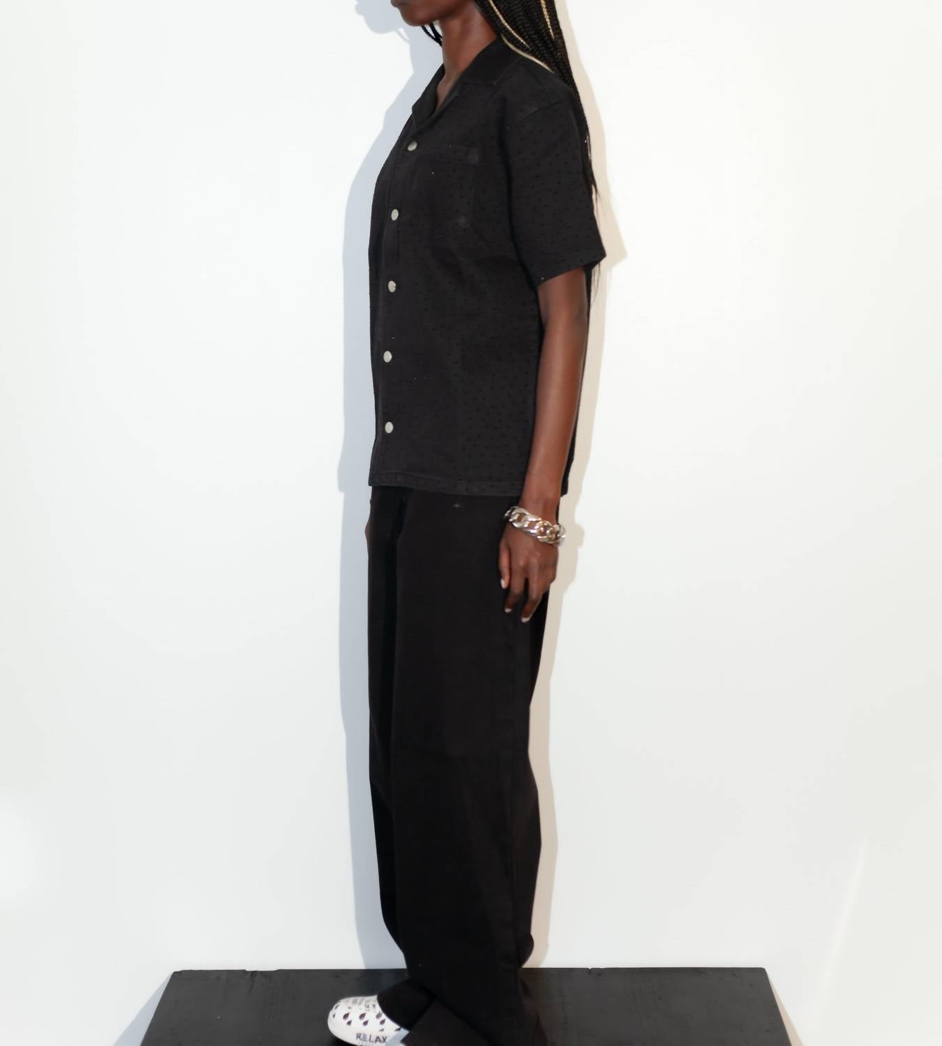 knotWTR Crystal Denim Short Sleeve Shirt in black - women's shirt - view 4
