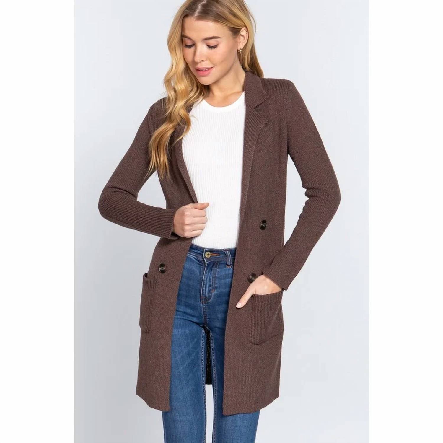 Vanilla Monkey - Notched Collar Sweater Coat With Pockets