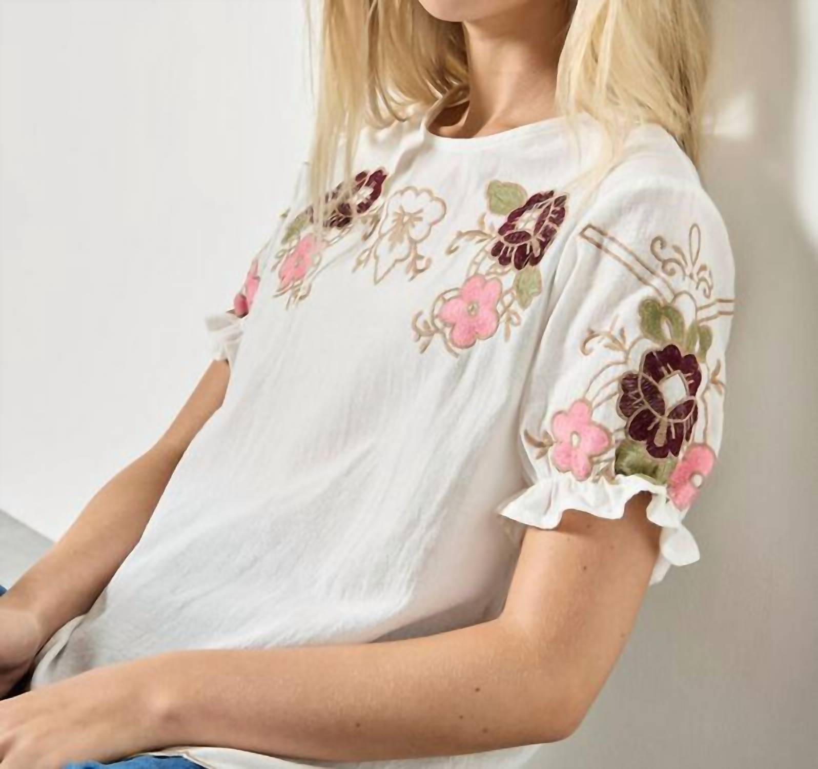 APRICOT Floral Embroidered Ruffle Sleeve Top in white - women's blouse - alternate view