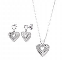 Gold & Honey - Women's Sterling Silver Quilted Drop Heart Earrings And Pendant Necklace Set