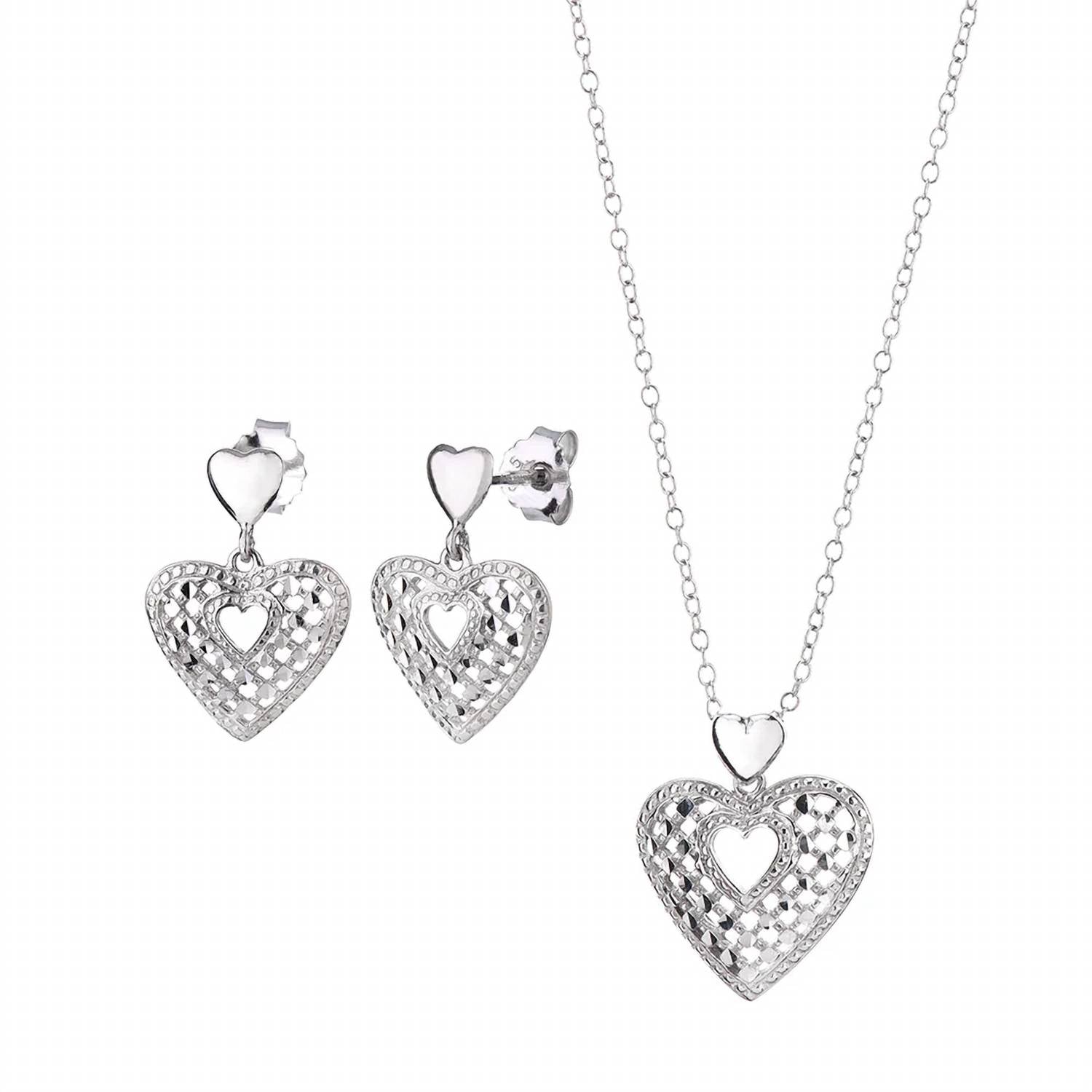 Gold & Honey - Women's Sterling Silver Quilted Drop Heart Earrings And Pendant Necklace Set