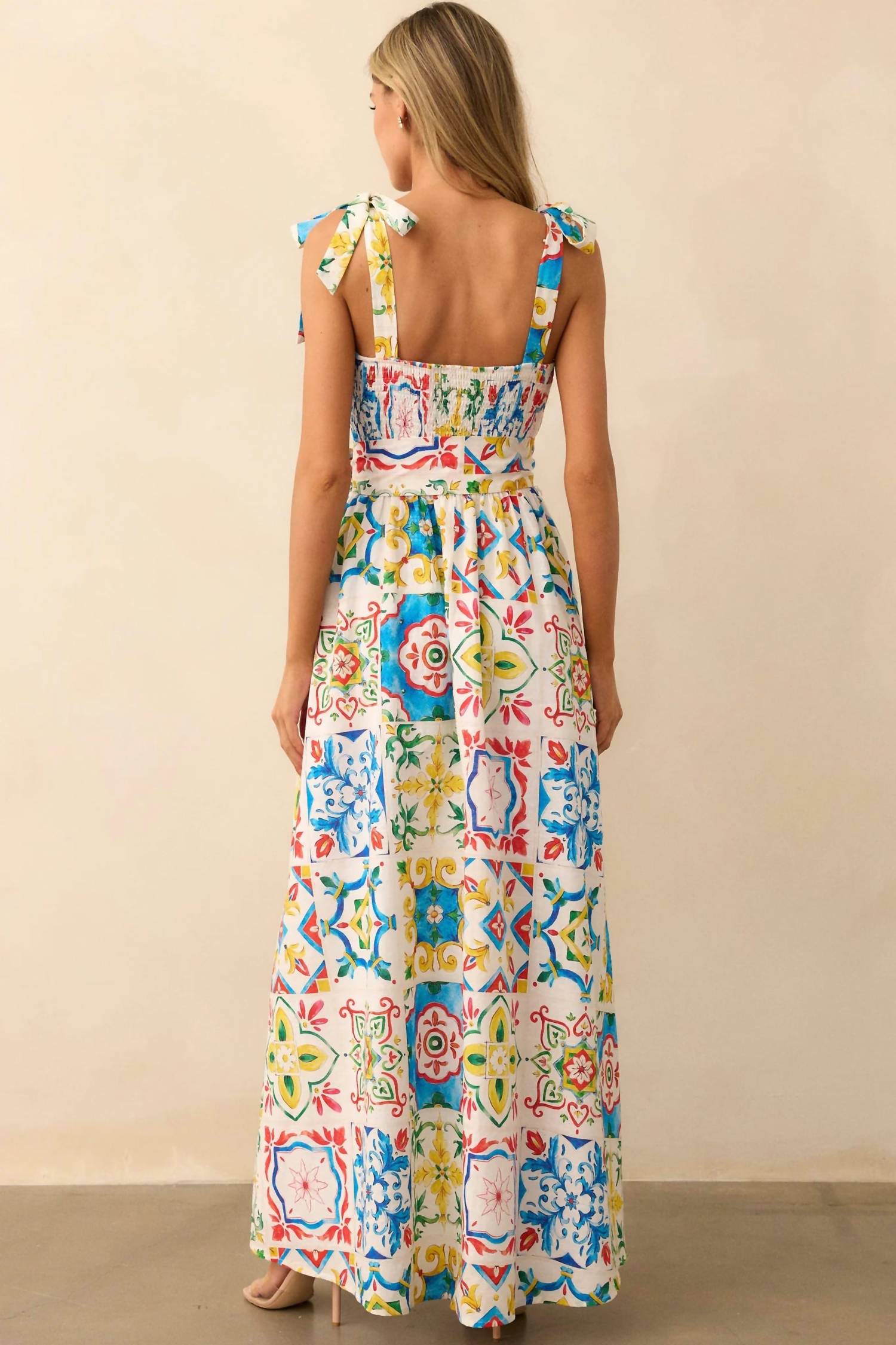 Prosperina Giovanna Maxi Dress in blue multi tile print - women's dress - detail view