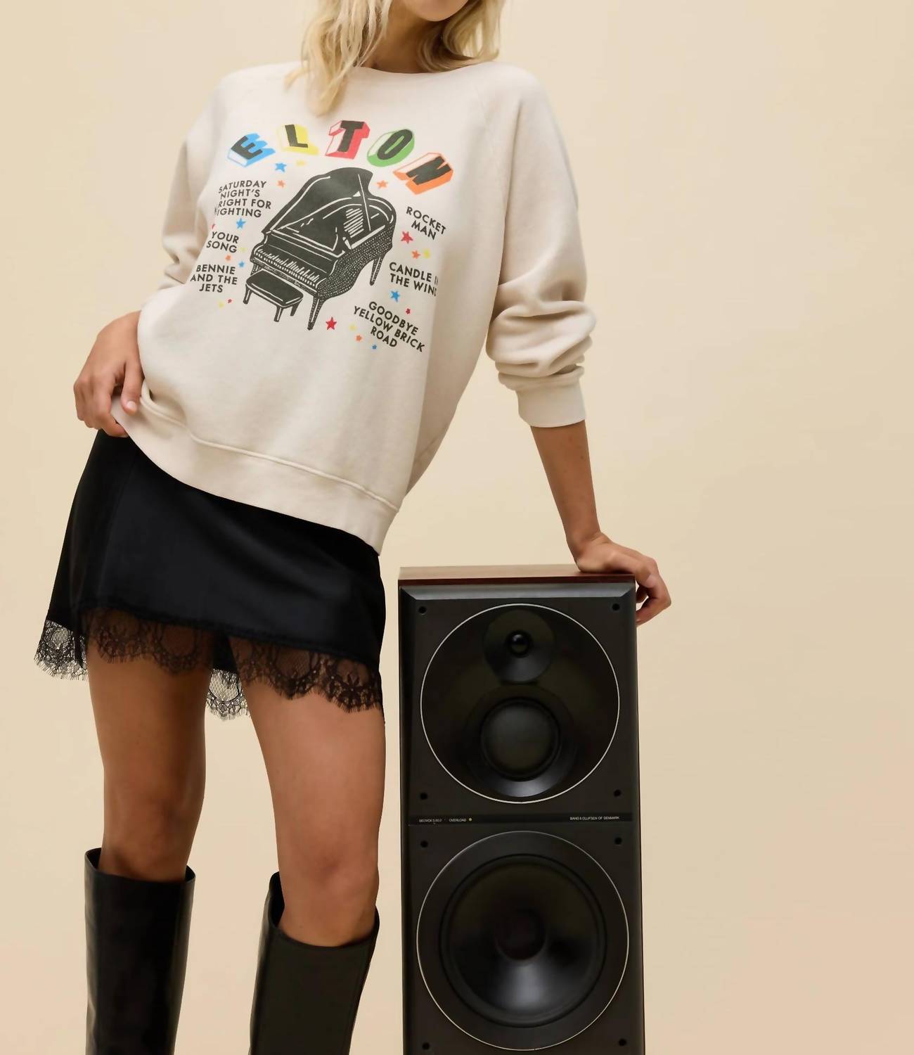 DAYDREAMER Elton John Vintage Sweatshirt in rainbow piano - women's top - detail view