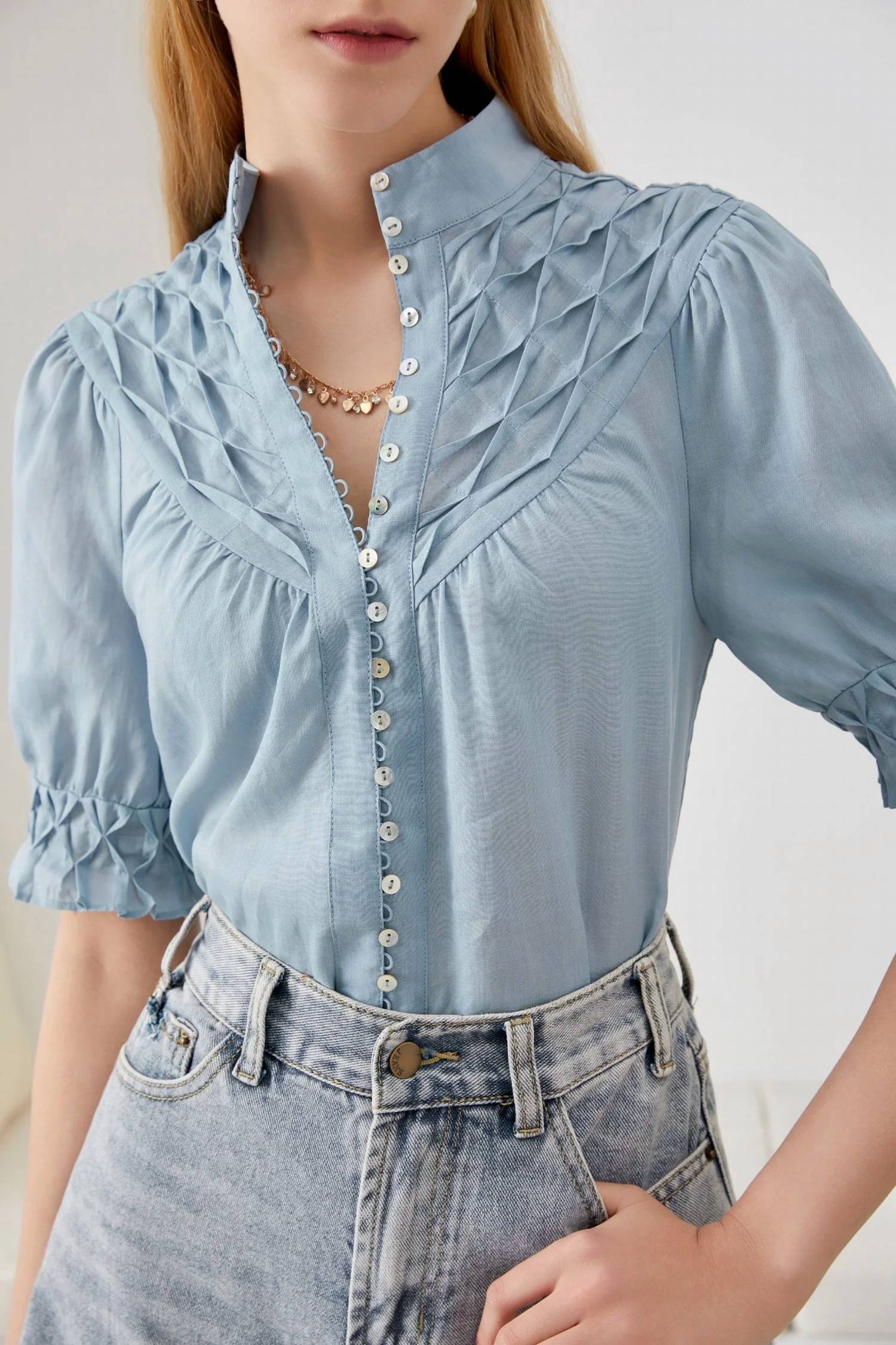 G.D.S. Colette Linen Blouse in celestial blue - women's blouse - detail view