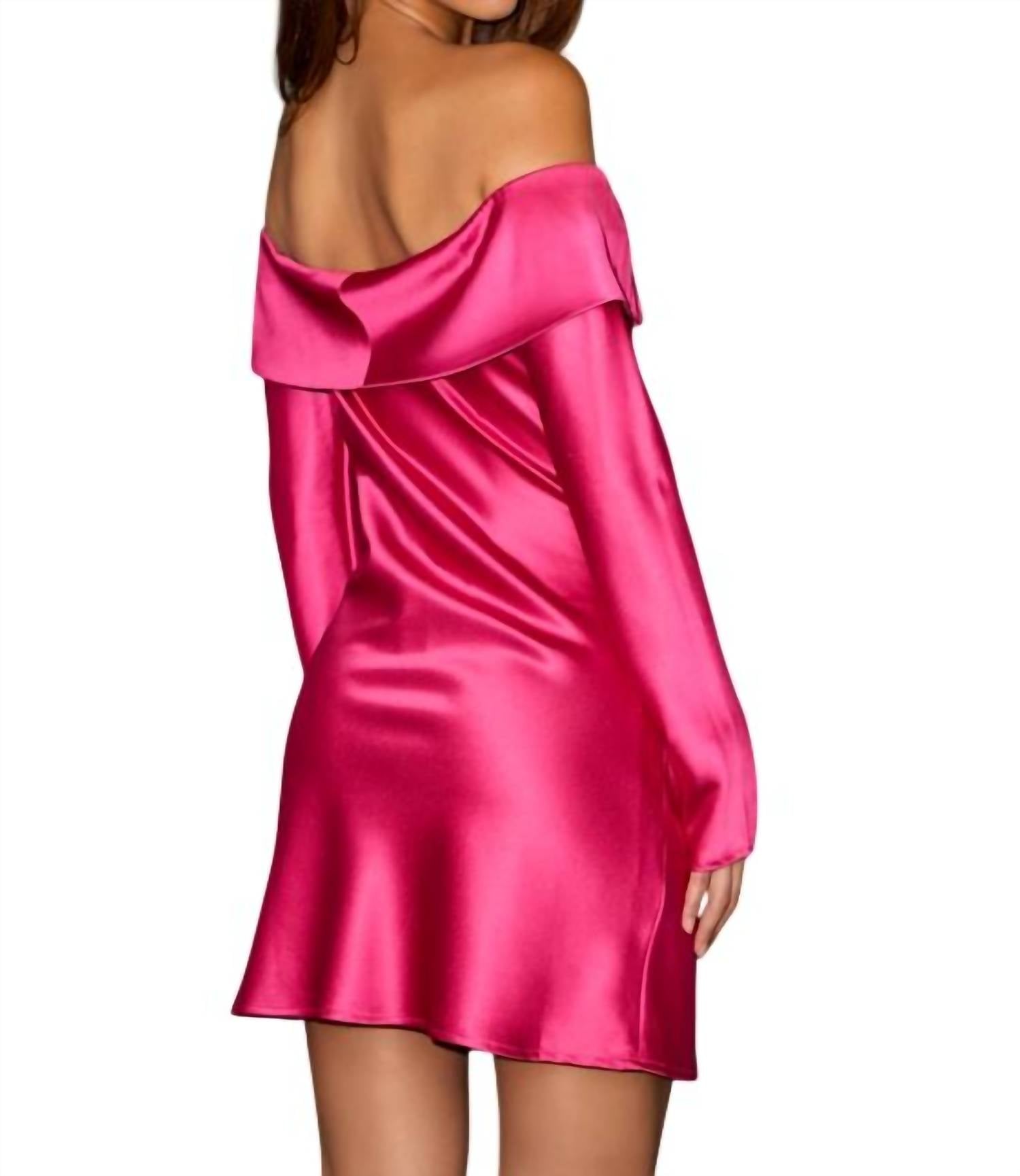 Lulus Luxurious Vision Satin Off-the-shoulder Mini Dress in berry pink - women's dress - detail view