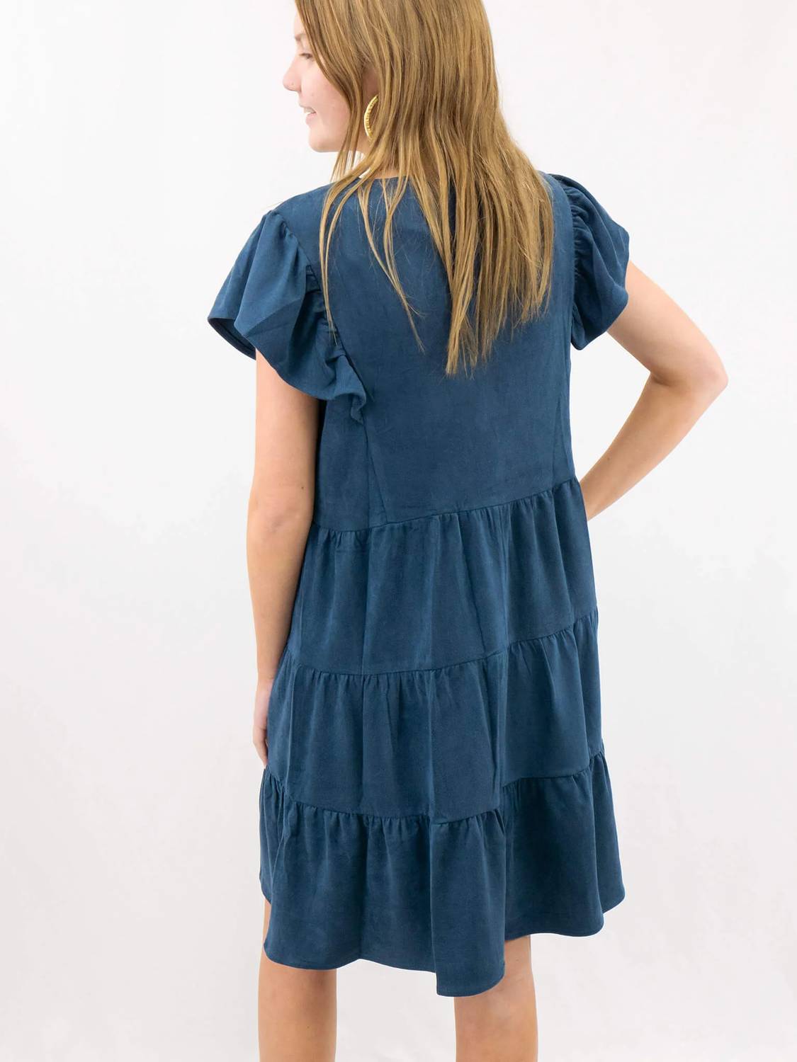 Voy - Women's Faux Suede Ruffle Sleeve Dress