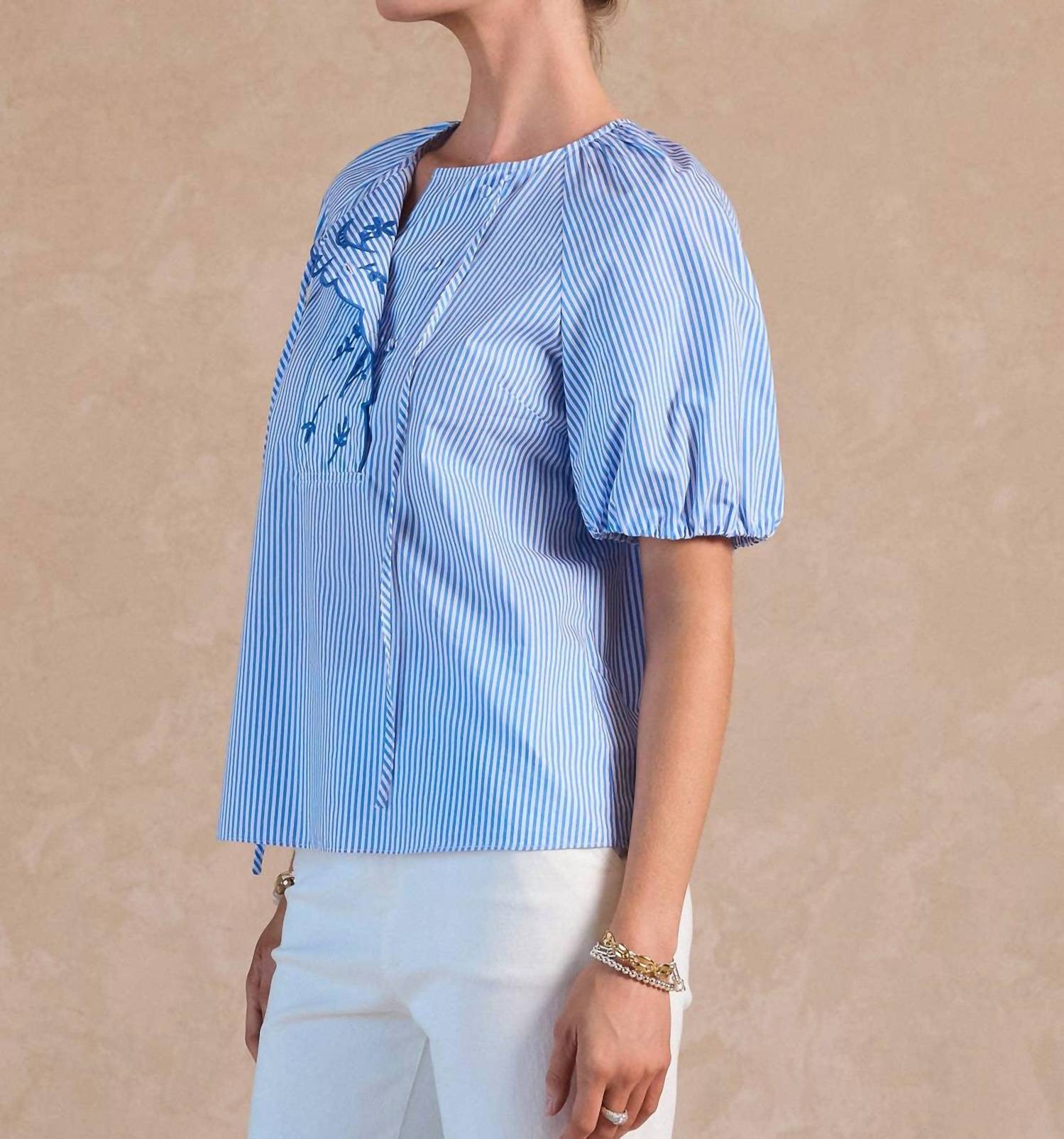 Current Air - Striped Embroidered Short Sleeve Blouse
