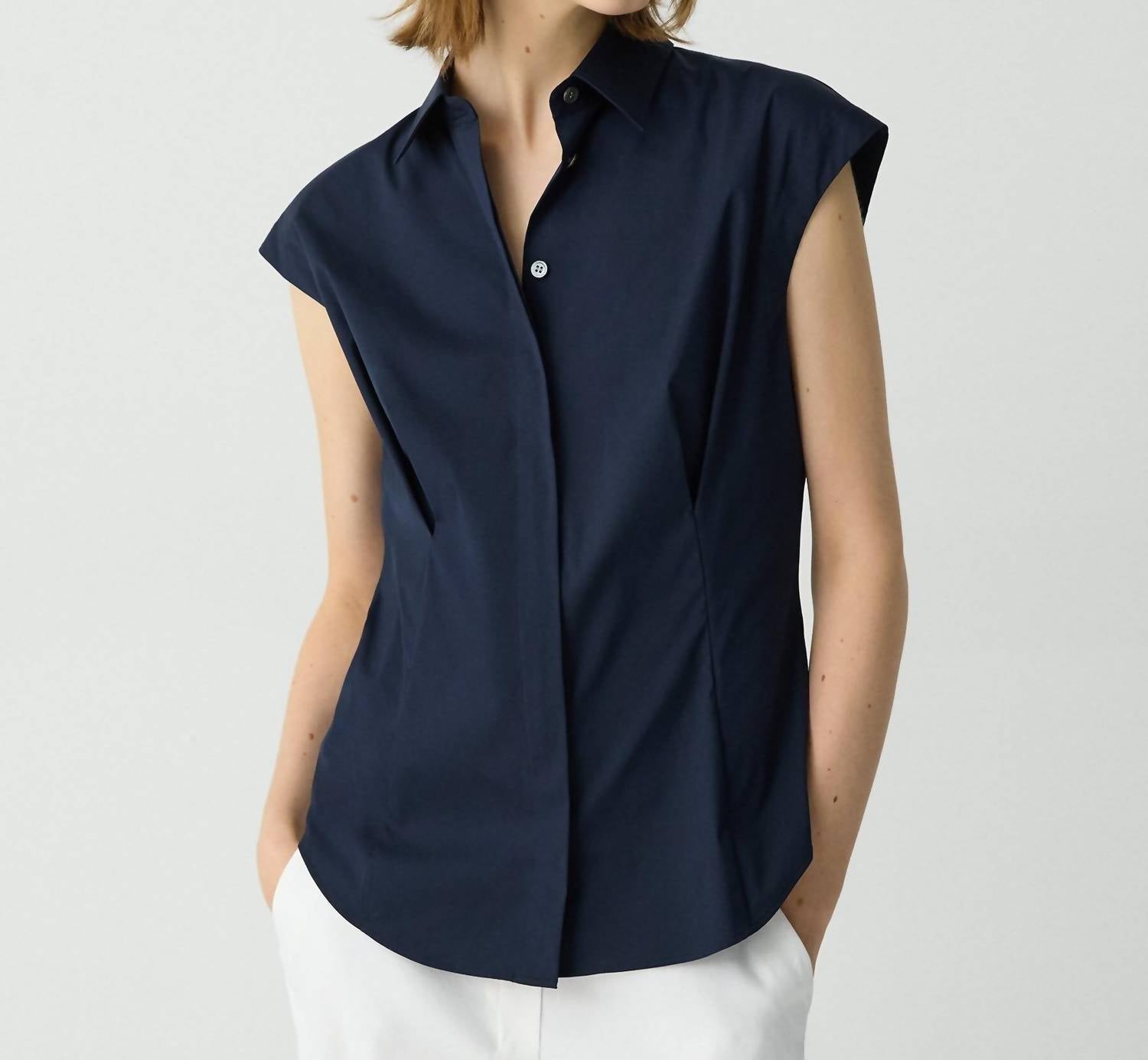 Theory Cinched Cap Sleeve Shirt in new navy - women's tank top
