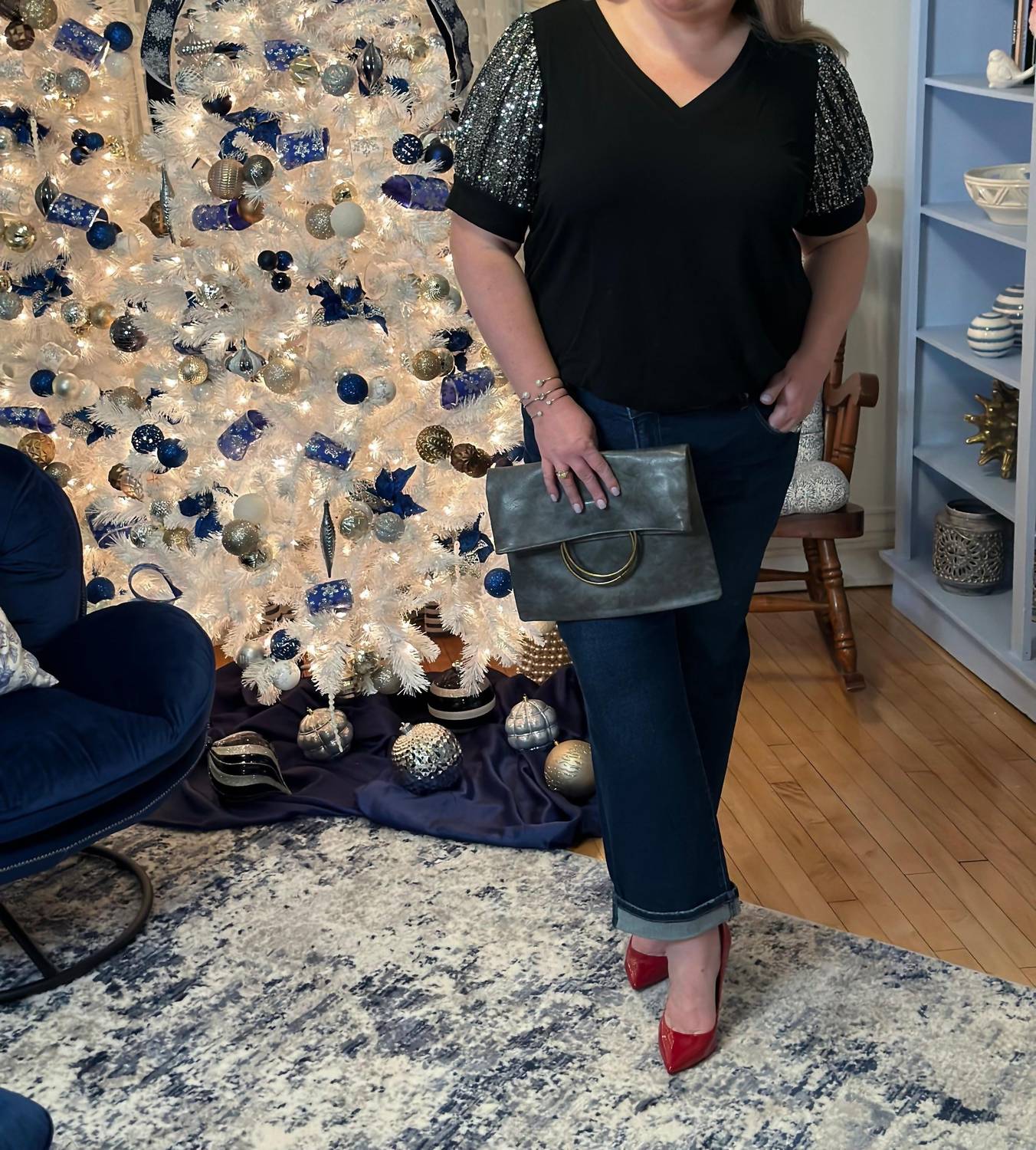 Amelia K. Luxe Sequin Puff Sleeve Top in black - women's blouse