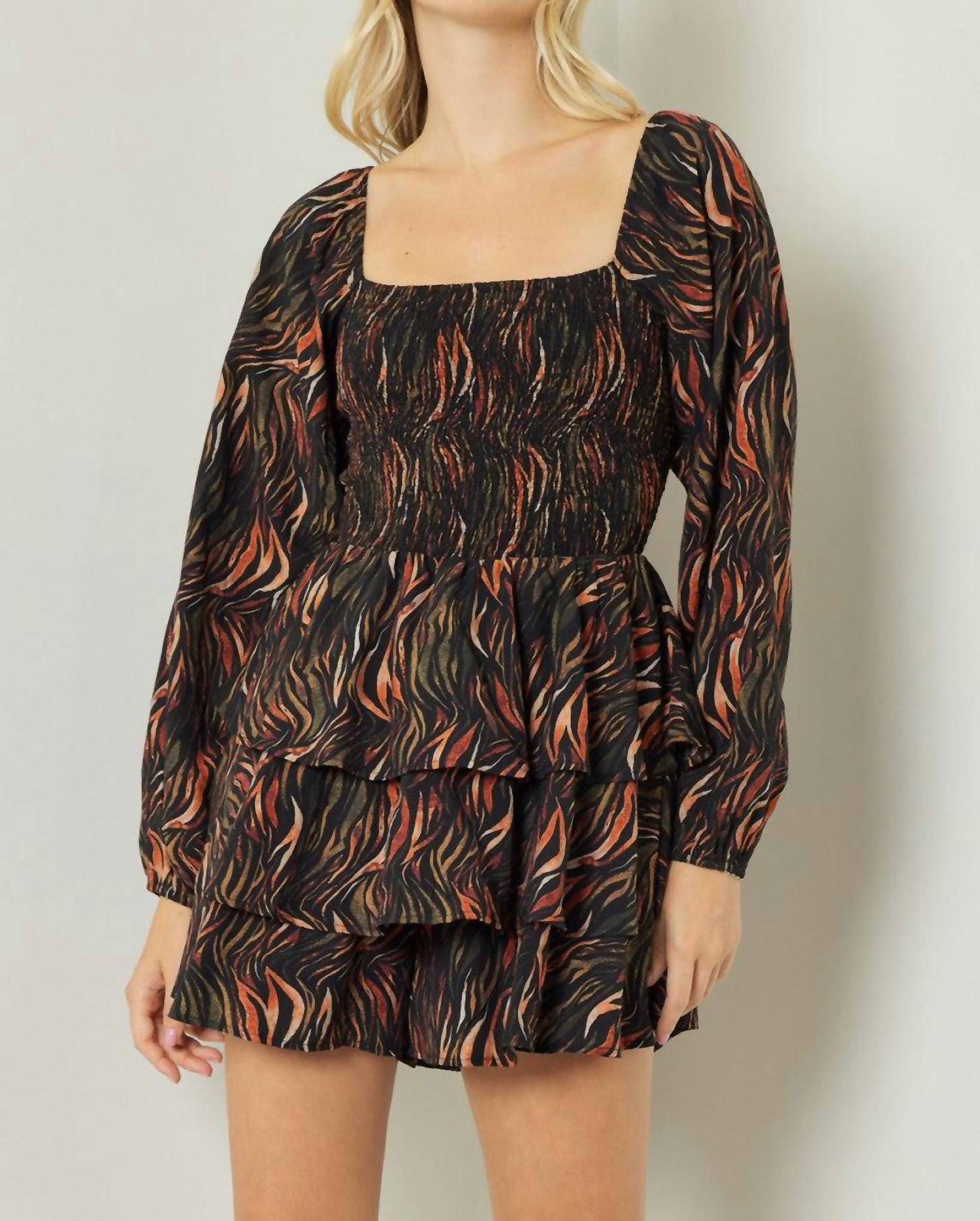 Entro - Square Neck Long Sleeve Tiered Romper
