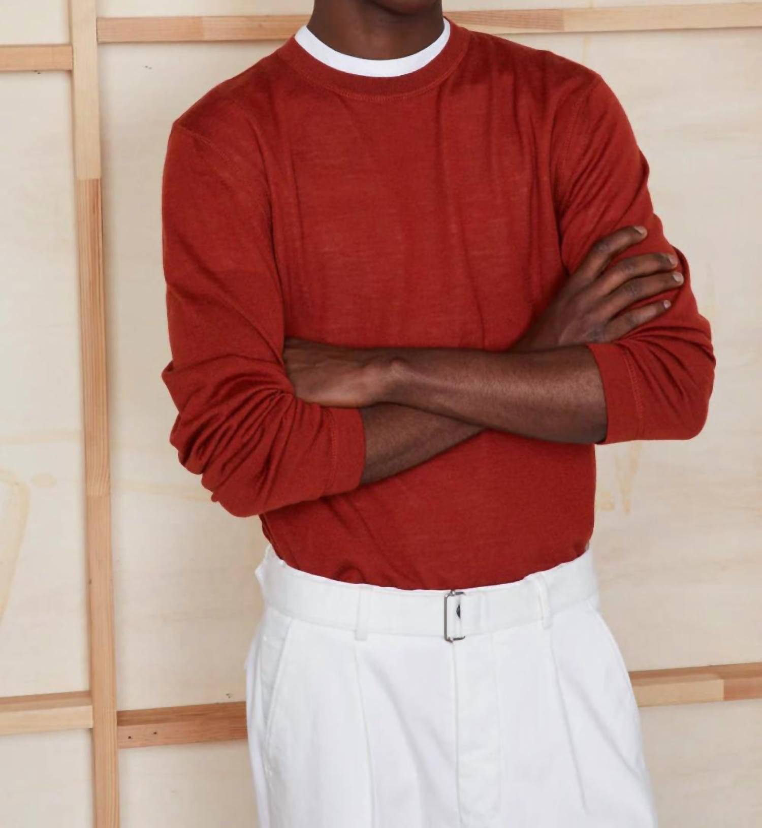 Officine Générale Nemo Italian Merino Wool Sweater in maple red - men's sweater - detail view