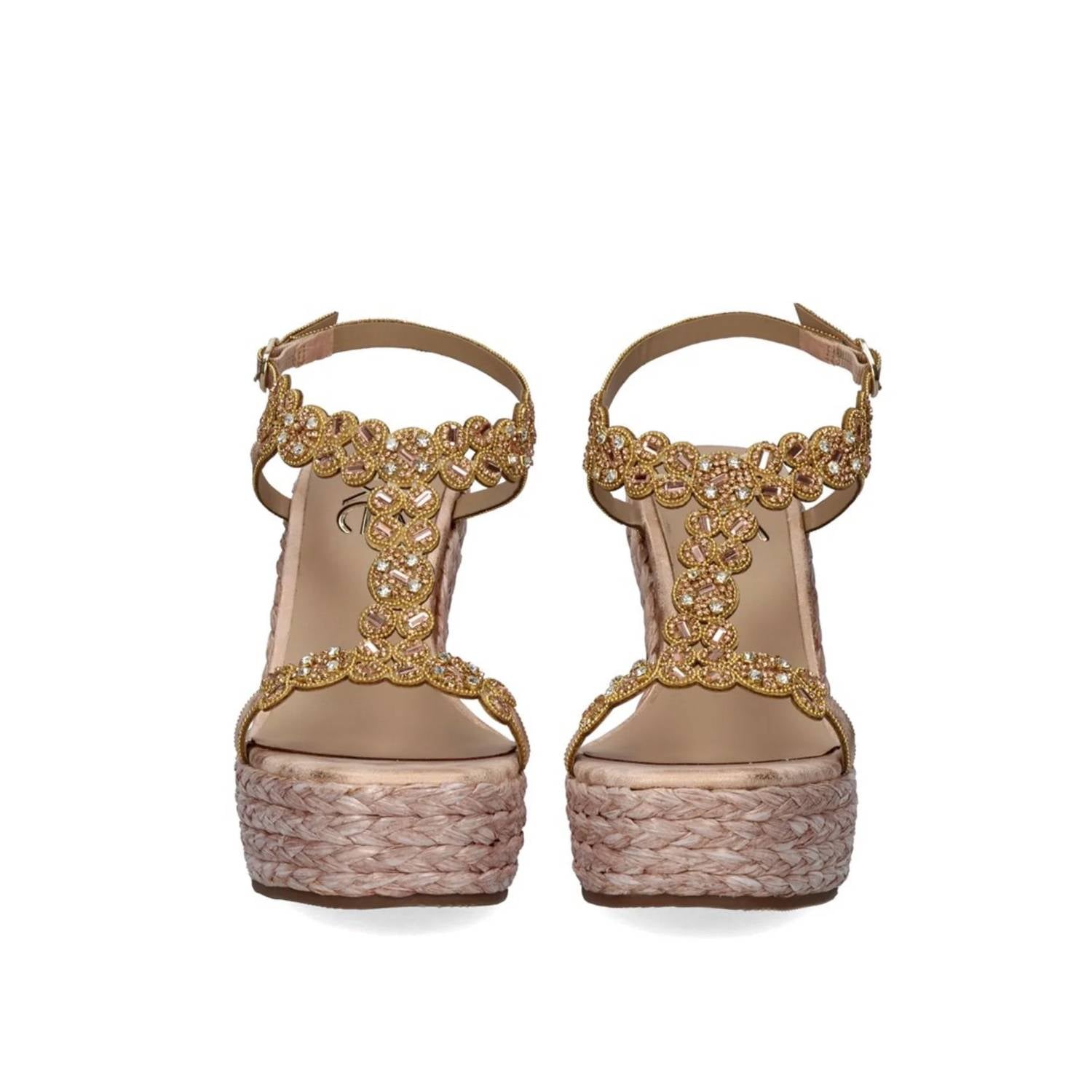 Exe - Women's Rhinestone T-strap Espadrille Wedge Sandal