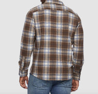 Flags & Anthem Trimble Flannel Shirt in brown tan navy - men's long sleeve top - detail view