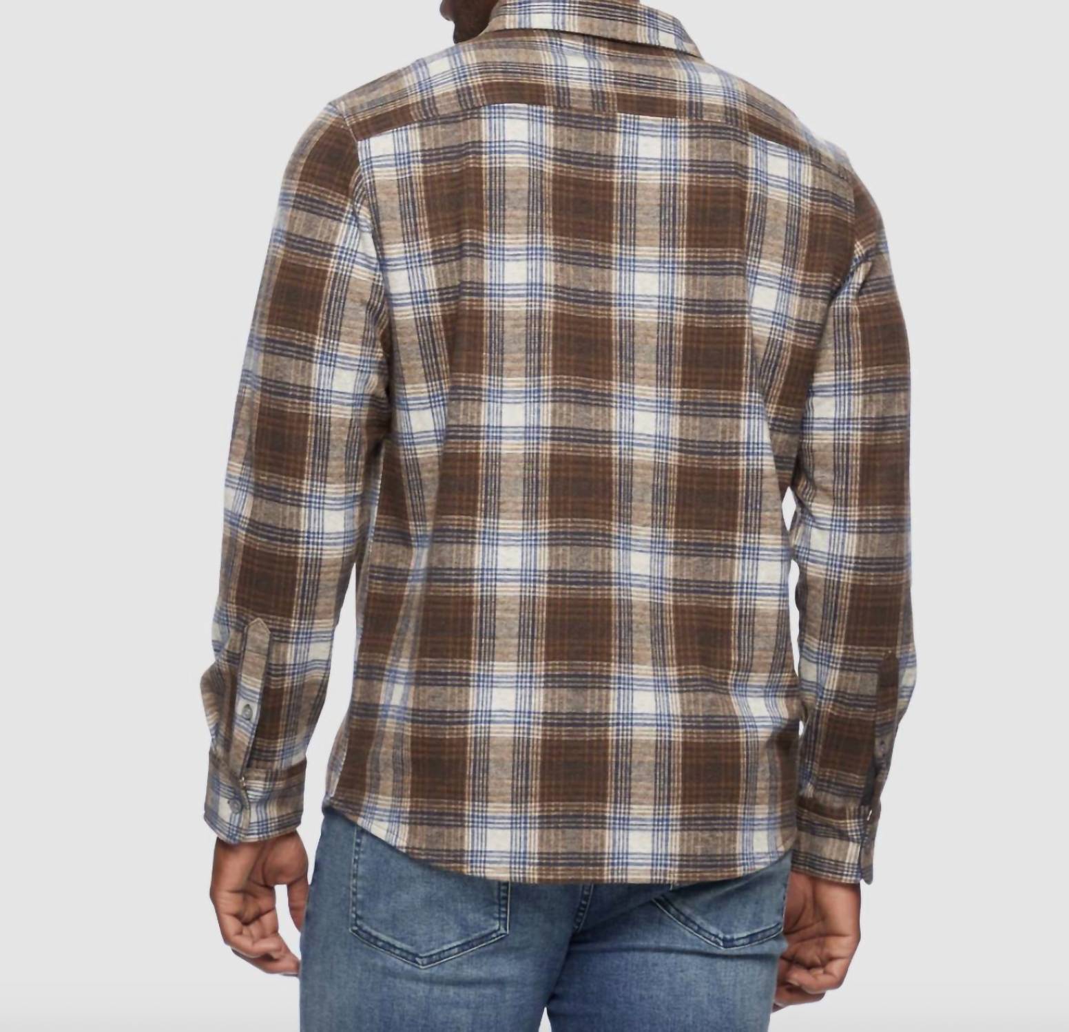 Flags & Anthem Trimble Flannel Shirt in brown tan navy - men's long sleeve top - detail view
