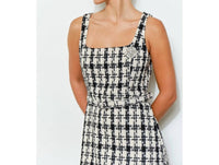 Ina Fashion - Check Tweed Brooch Detail Belted Mini Dress