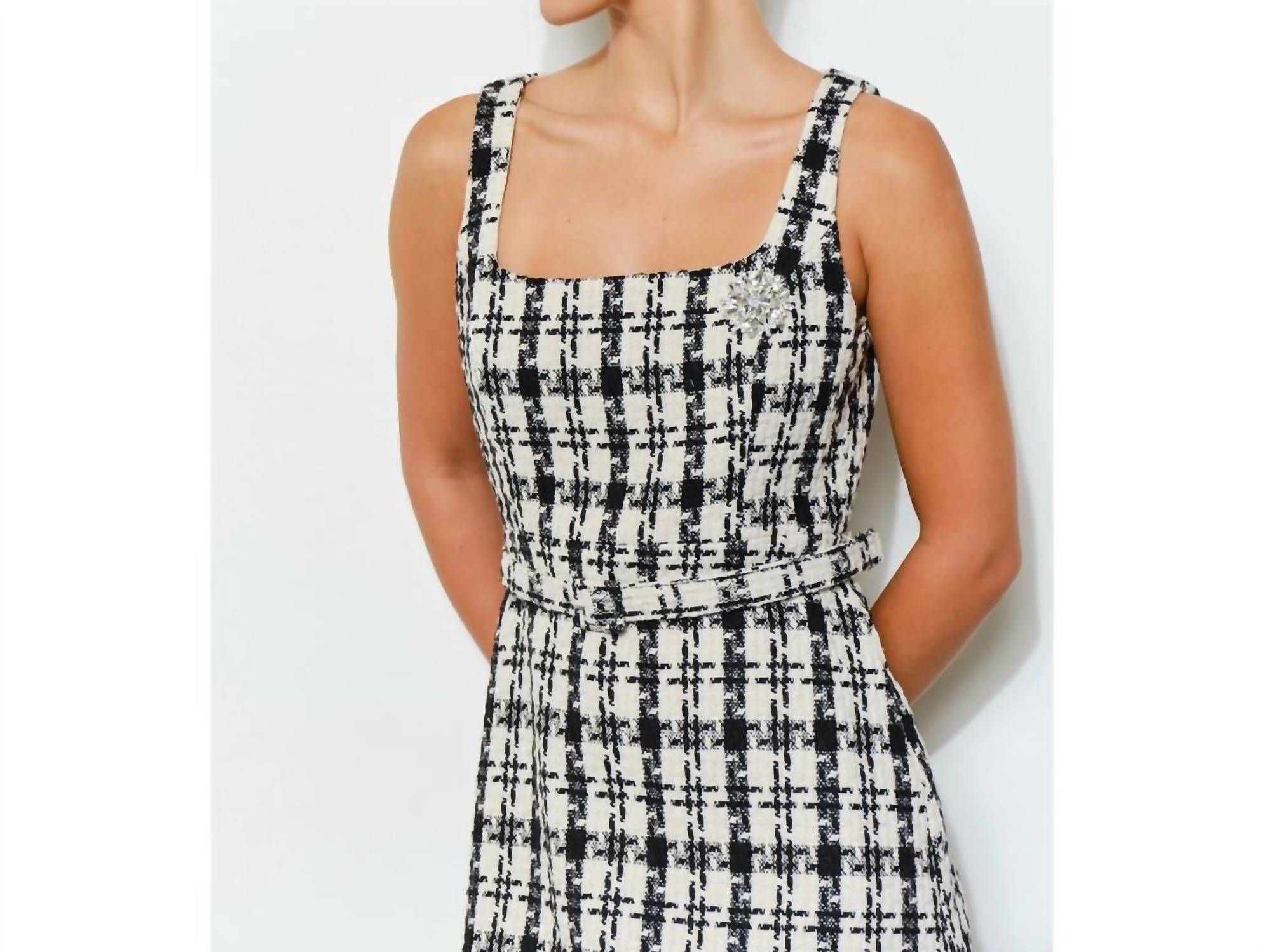 Ina Fashion - Check Tweed Brooch Detail Belted Mini Dress