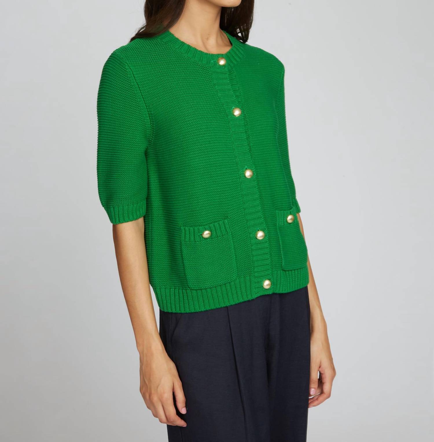 Autumn Cashmere Button Front Elbow Sleeve Jacket in clover - women's sweater - detail view