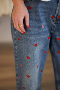 Oli & Hali - Heart Embroidered Wide Leg Ankle Jeans