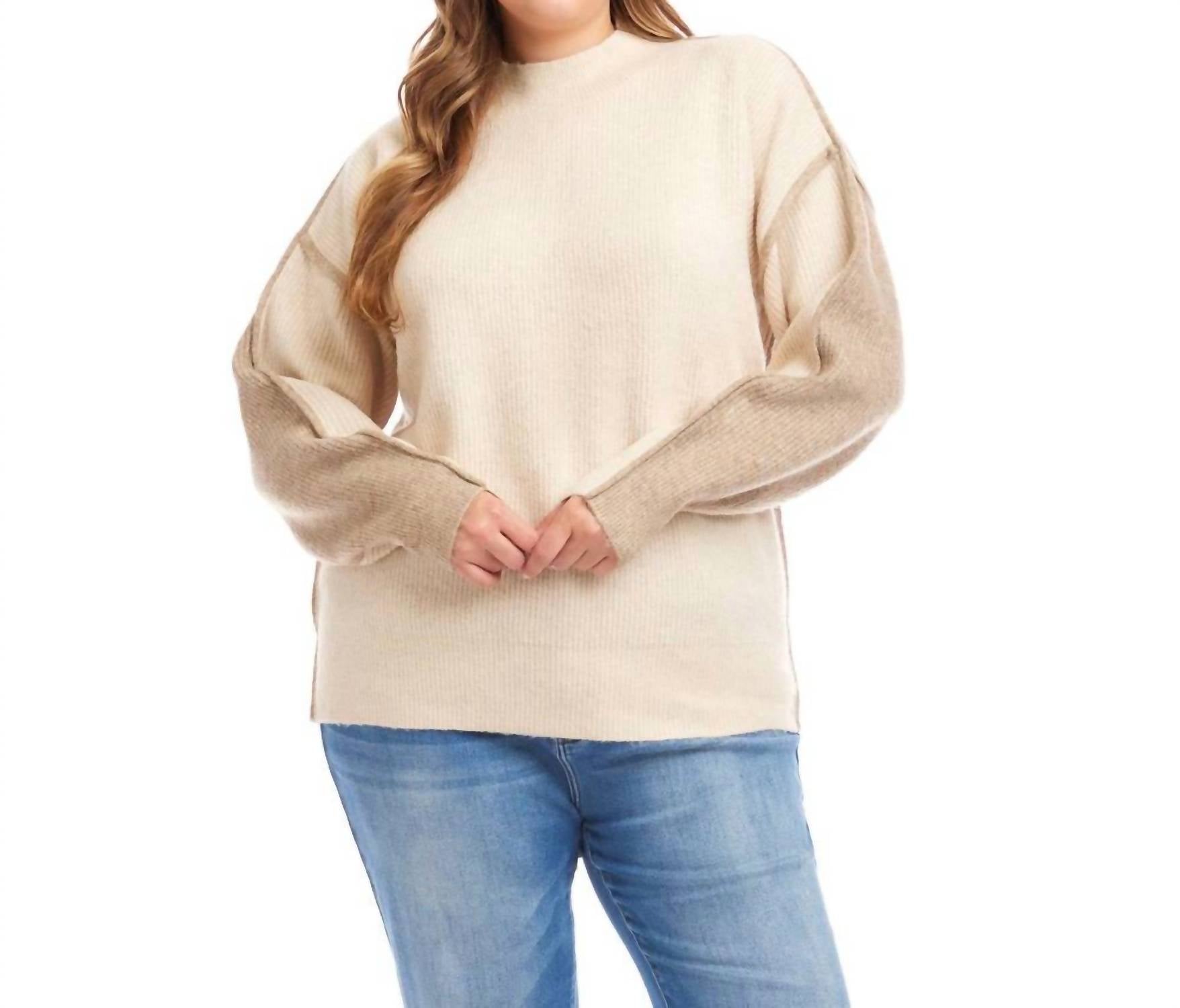 Karen Kane Colorblock Mock Neck Sweater - Plus in sand with earth - women's sweater