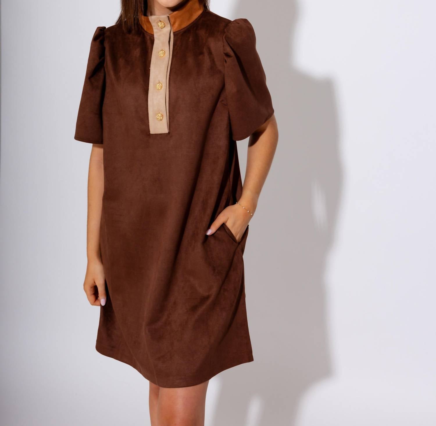 THML The Braided Button Suede Mini Dress in brown - women's dress