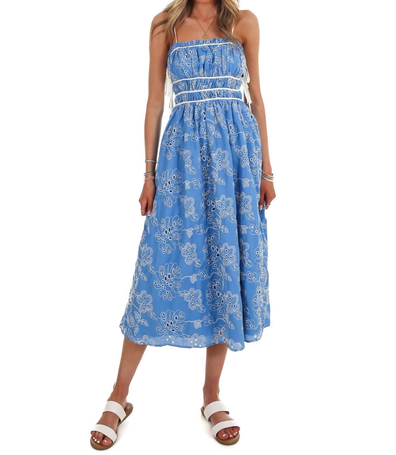 TCEC Garden Stroll Floral Eyelet Midi Dress in blue - women's dress