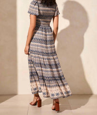 Tribal - Lined Short Sleeve Ruched Top Maxi Dress