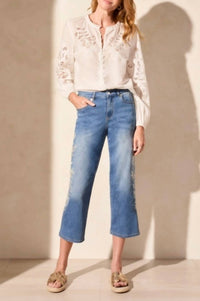 Tribal - Audrey Mid Rise Embroidered Girlfriend Crop Jeans