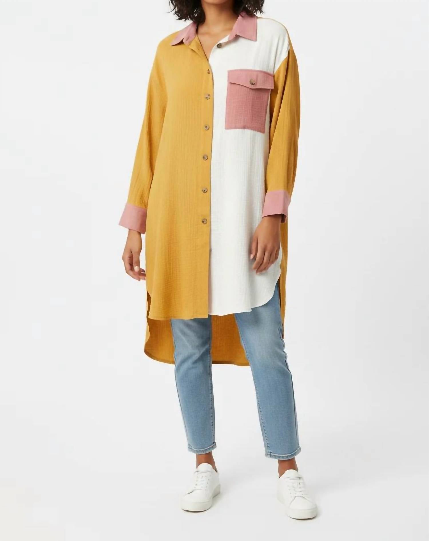 She + Sky - Women's Plus Long Sleeve Gauze Color Block Shirt Top