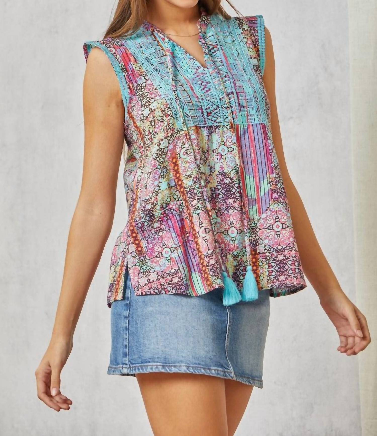 Savanna Jane - Patchwork Embroidered Cap Sleeve Top