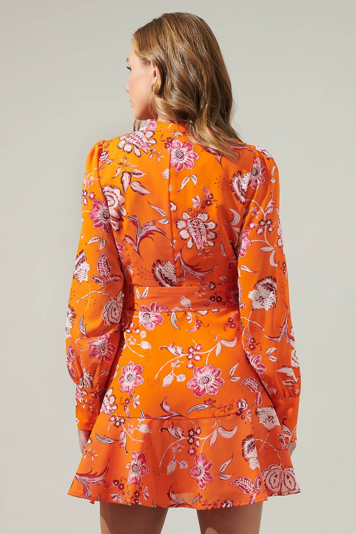 SUGARLIPS Cosmo Floral Flare Dress in orange multi - women's dress - detail view