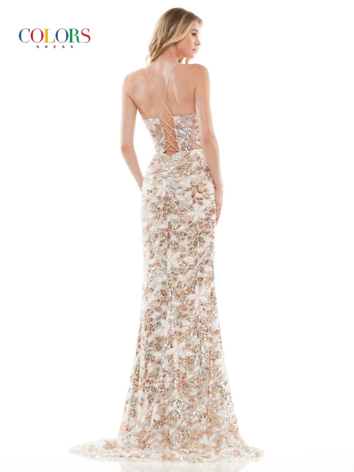 COLORS DRESS Sequin Mermaid Evening Gown in gold white - women's dress - alternate view