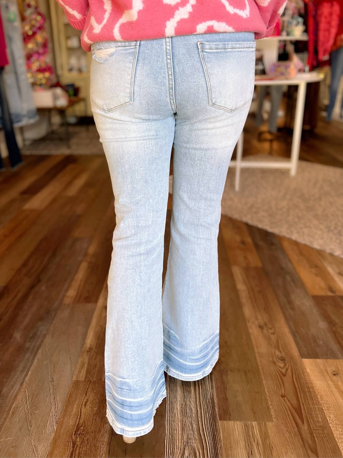 BLAKELEY Shiloh Distressed Flare Jeans in light wash - women's jeans - detail view