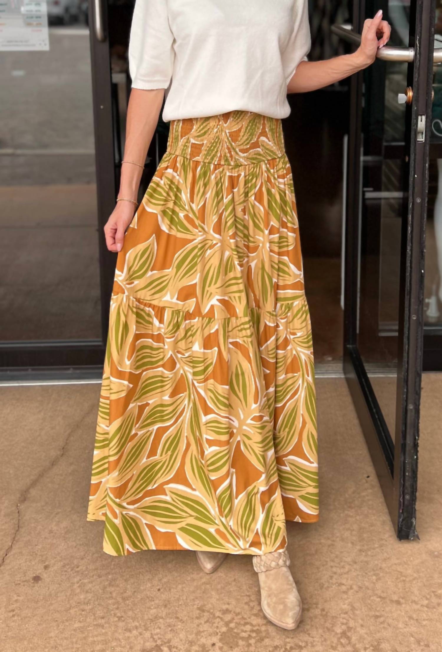 Karlie Desert Palm Smocked Tier Skirt in tan - women's skirt - alternate view