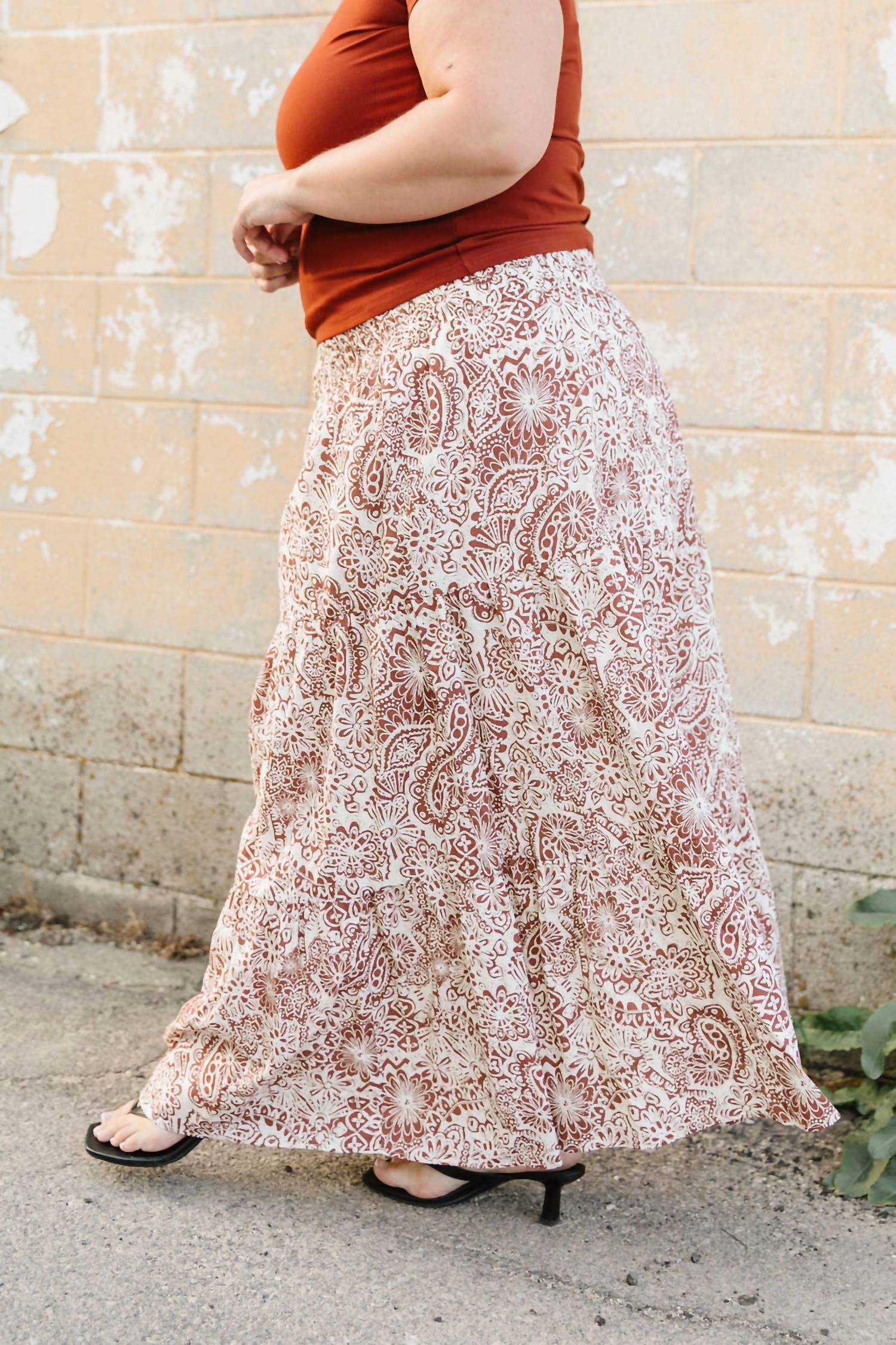 Mikarose Waverly Maxi Skirt in rust - women's skirt - detail view