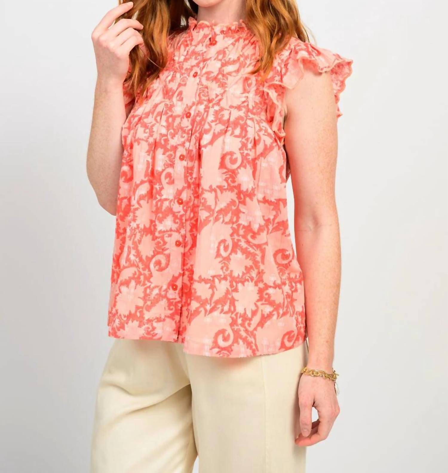 Ivy Jane Pretty Paisley Cap Sleeve Top in pink - women's blouse - detail view