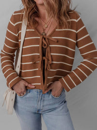 la society Tie Front Stripped V-neck Cardigan in caramel - women's cardigan