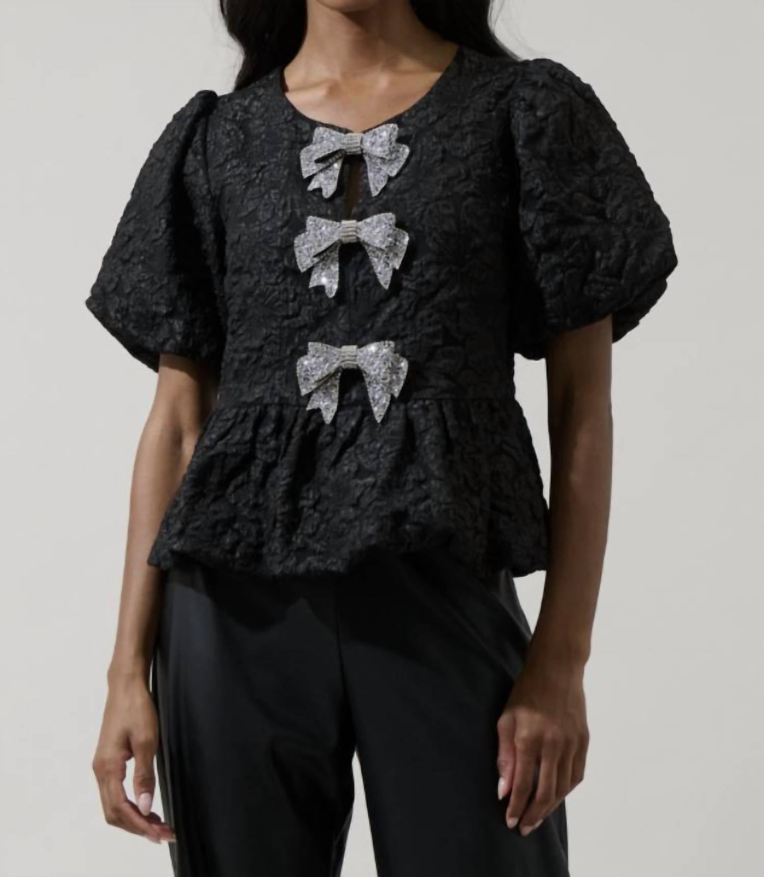 SUGARLIPS Arielle Jacquard Glow Bow Top in black - women's t-shirt